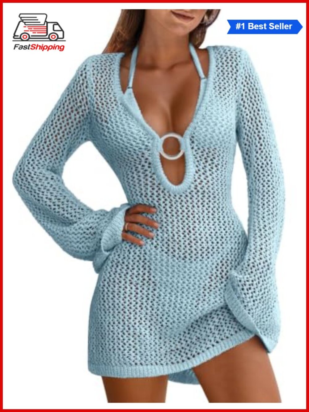โจWomen Crochet Swim Cover-Up Mini Dress Long Sleeve V-Neck Acrylic Beachwear